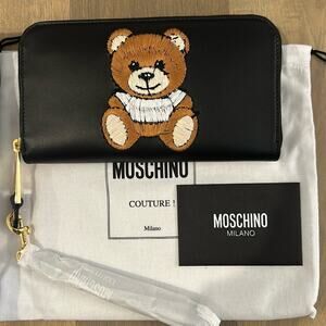 Moschino Bear Logo Embroidered Leather Wristlet Wallet